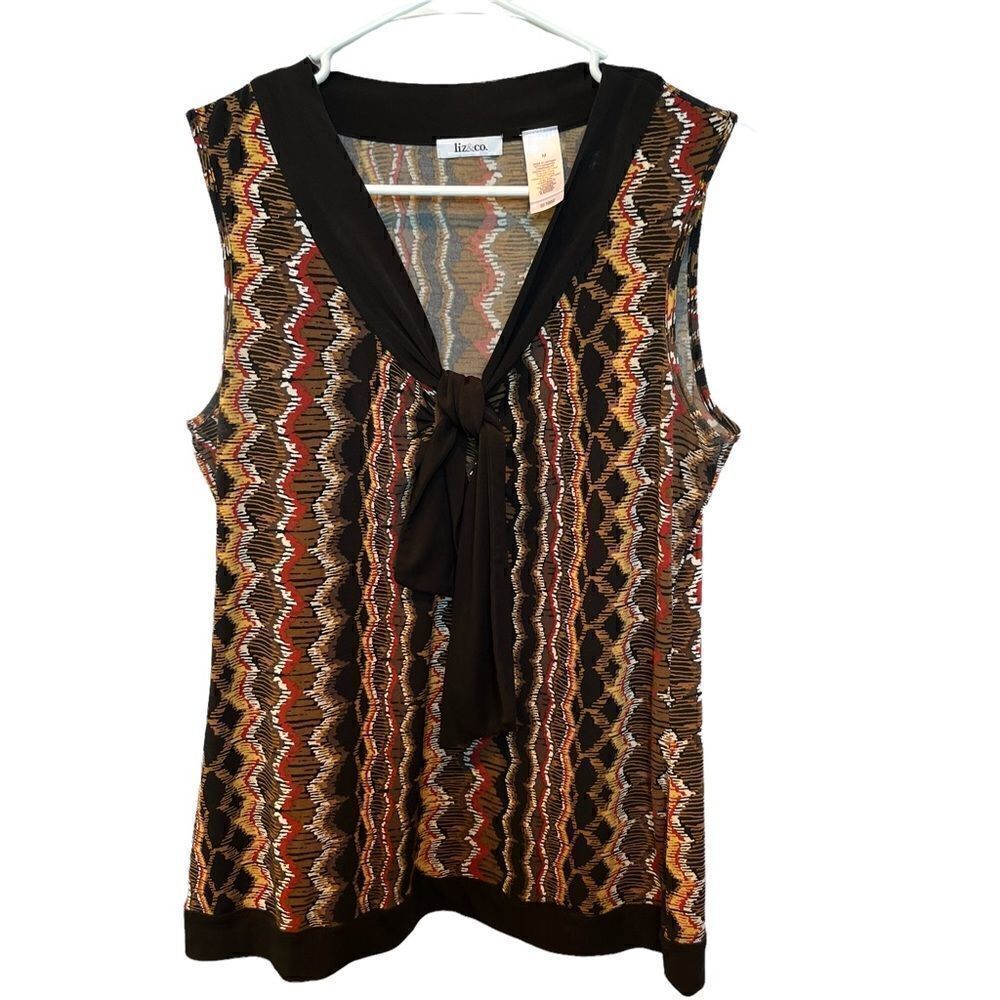Liz and Co Tank Blouse black/brown and red V neck with tie Medium Dressy